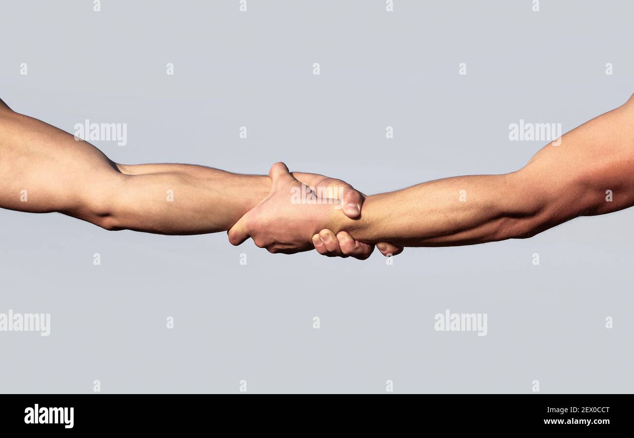 A friendly handshake. Two hands, shaking hands. Two hands, helping arm