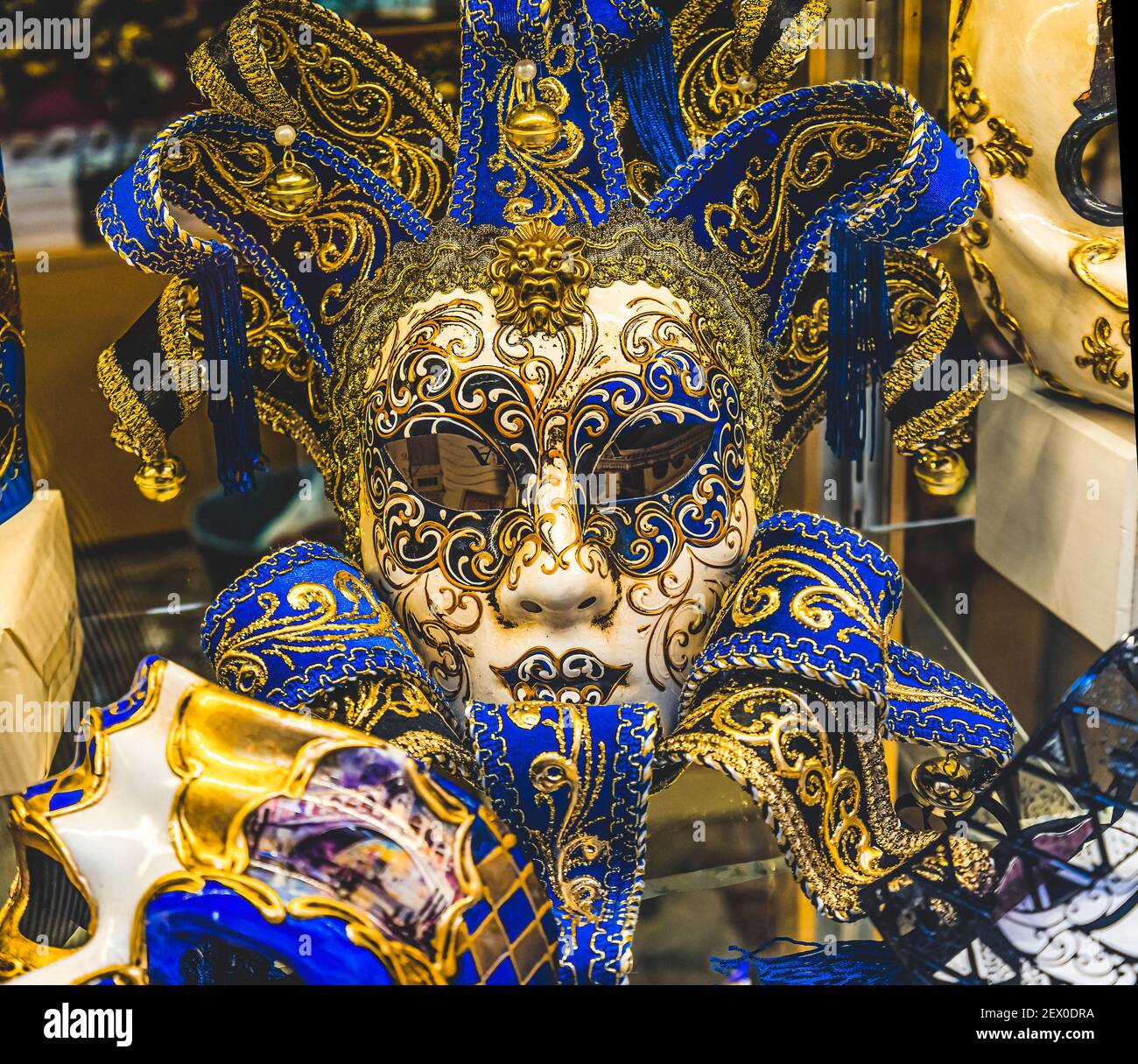 Blue Golden Venetian Mask Feathers Venice Italy Used since 1200s for Carnival.  Also used for Mardi Gras Stock Photo