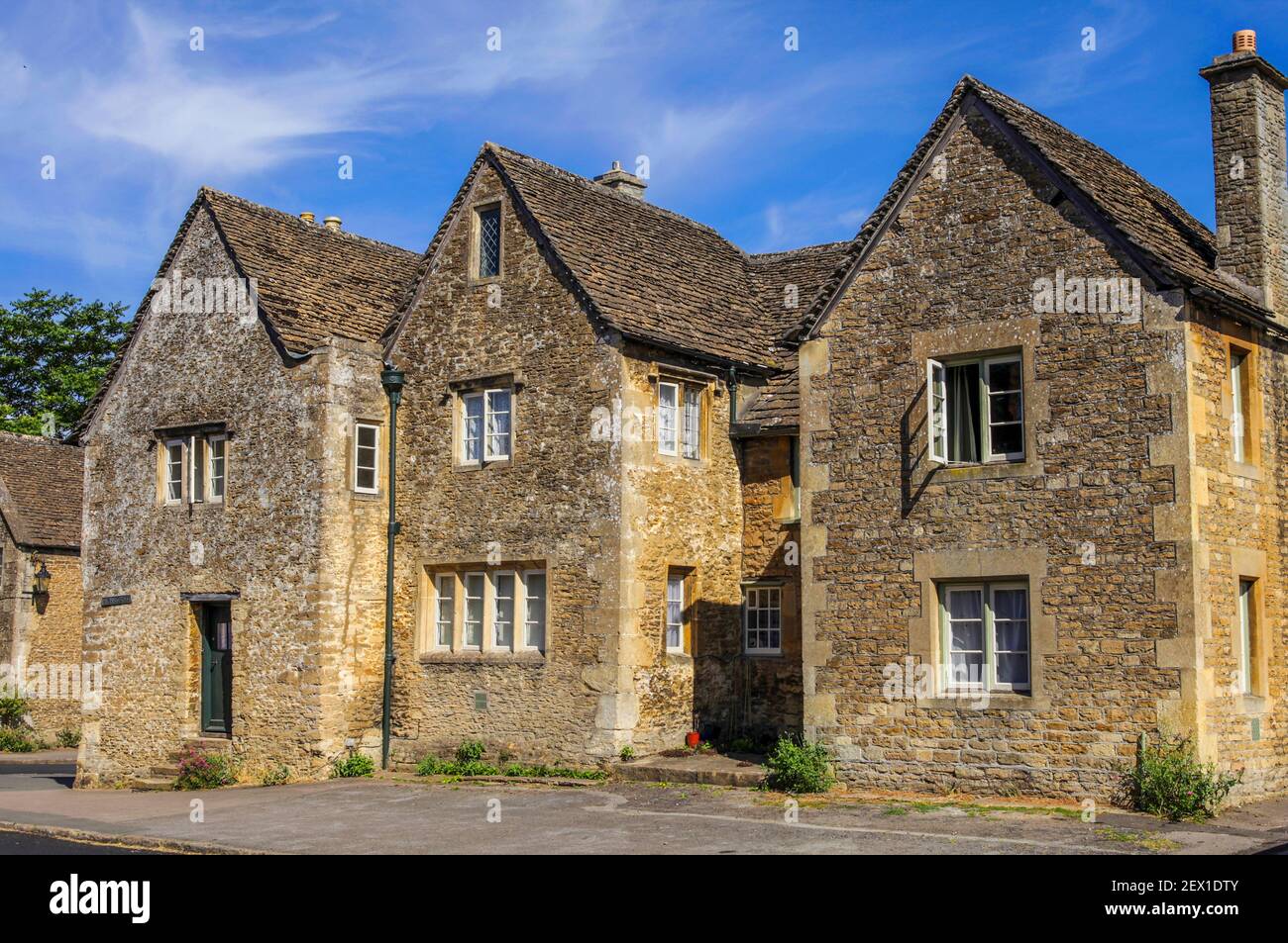 Three beautiful original medieval houses in Lacock village ,Wiltshire in England. Stock Photo
