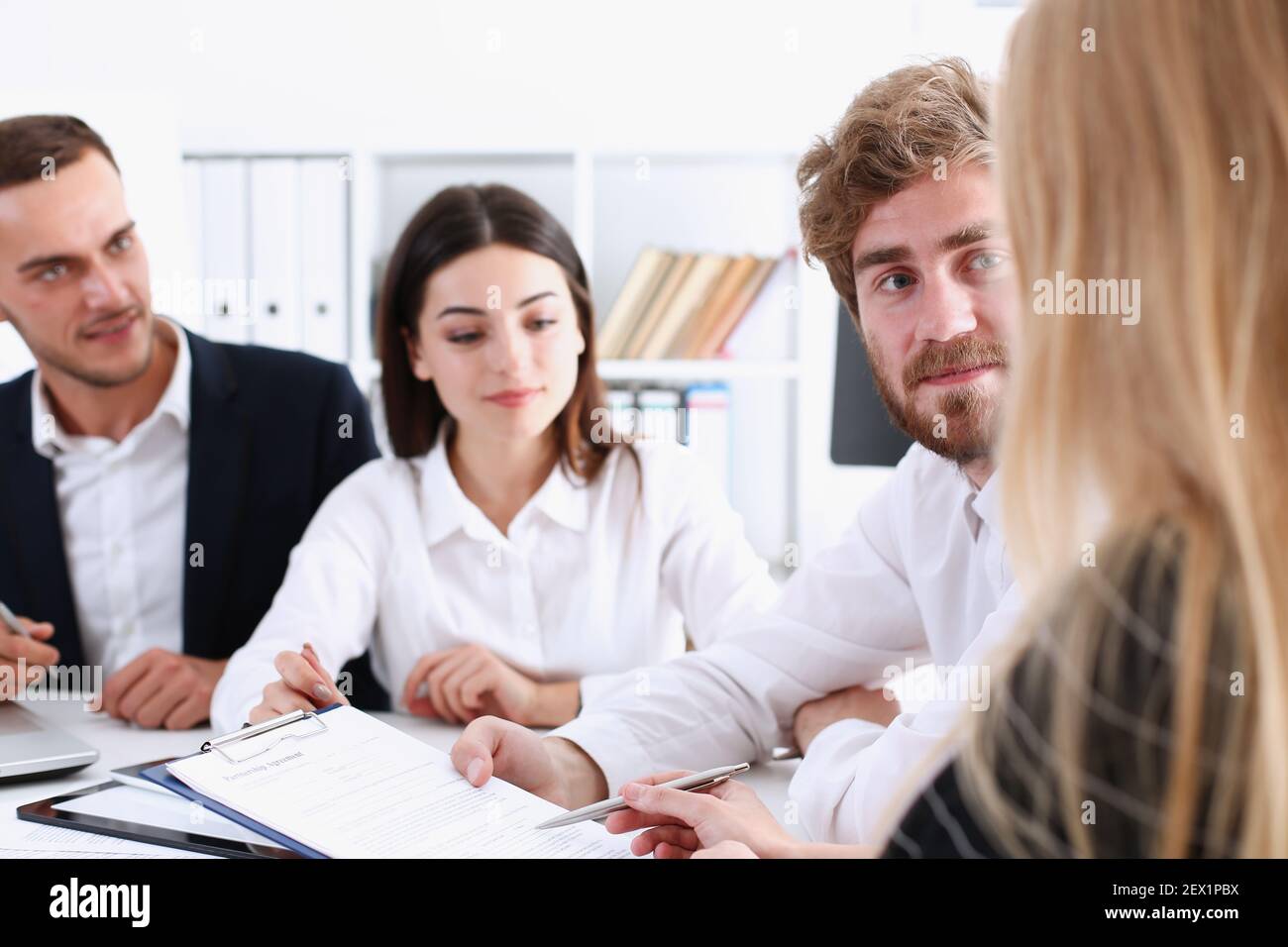 Teamwork discusses problems in the workplace Stock Photo
