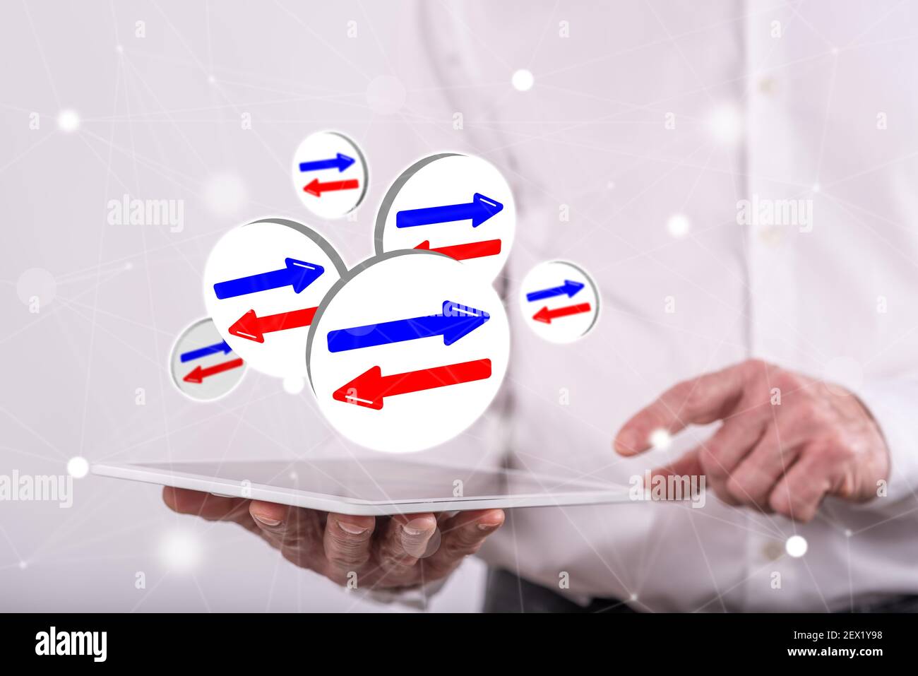 Decision concept above a tablet held by a man in background Stock Photo