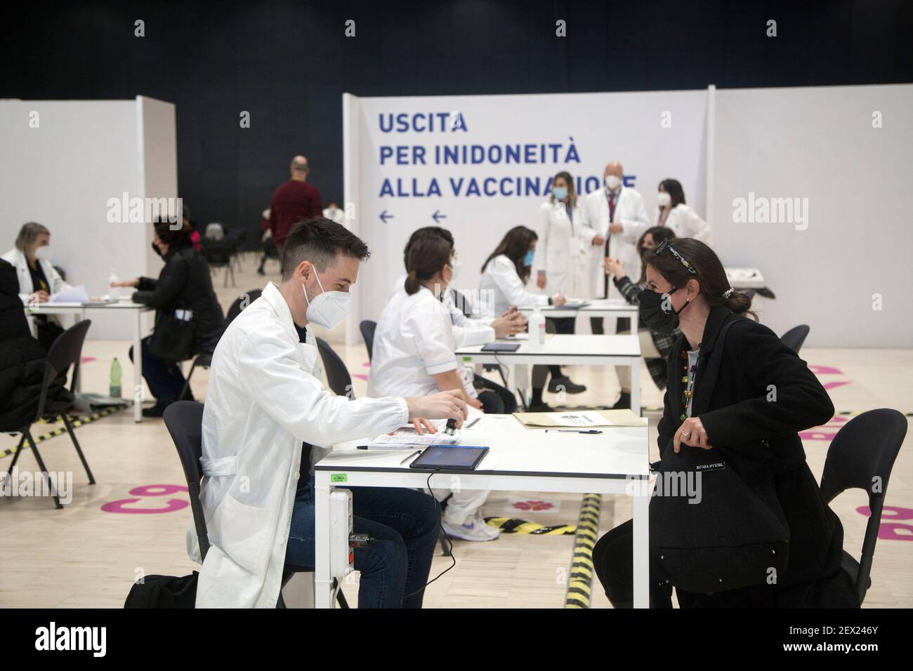 Rome, ITALY - 24 February 2021: First day of mass vaccination for the teachers who receive the AstraZeneca vaccine in the new hub for vaccination against covid-19, inaugurated in the Cloud of Fuksas. Stock Photo
