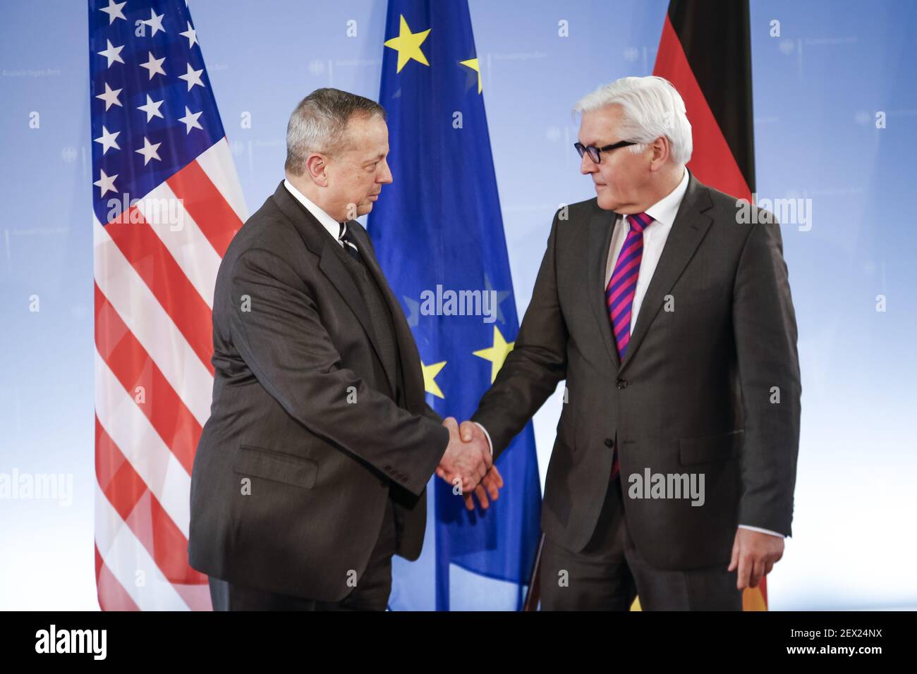 German Foreign Minister Frank-Walter Steinmeier receives General John Allen, the special-commissioned of the US president for the anti ISIS Allianz, to a discussion at the German Foreign Office on March 18, 2015, in Berlin, Germany. (Photo by Rey Paganelli)*** Please Use Credit from Credit Field *** Stock Photo
