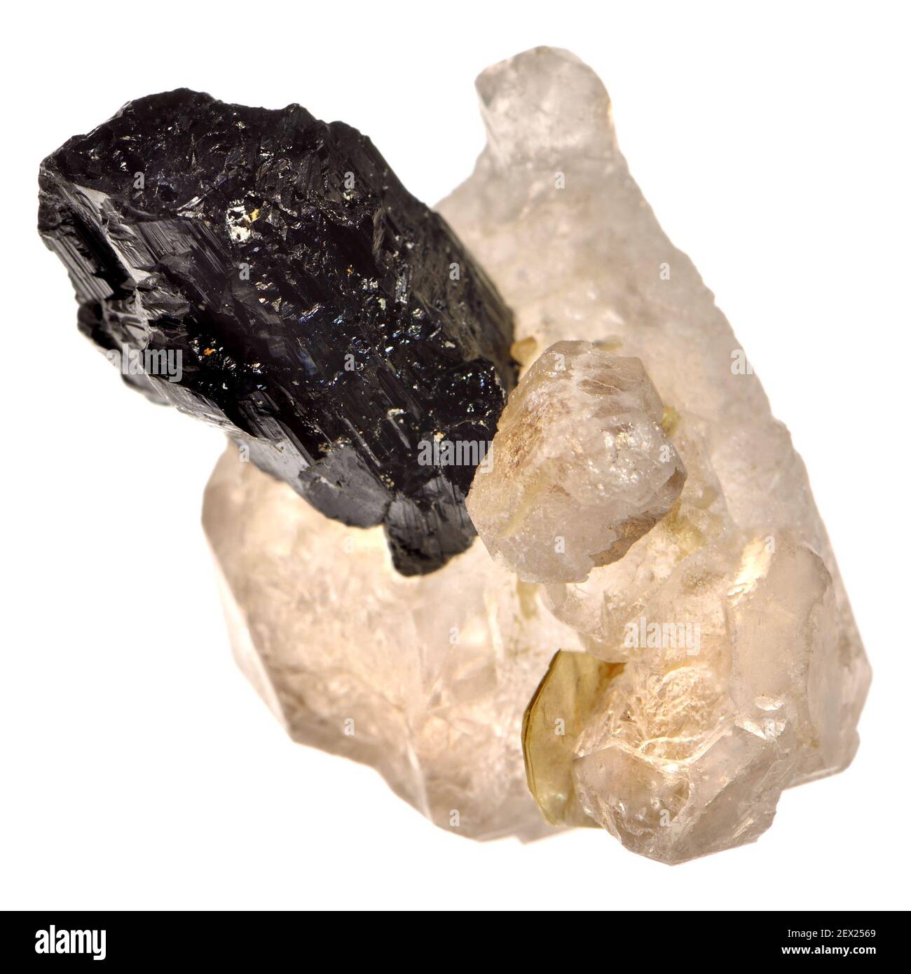 Wolframite / Hubnerite (manganese iron tungstate) on Jacare Quartz (Brazil) Stock Photo