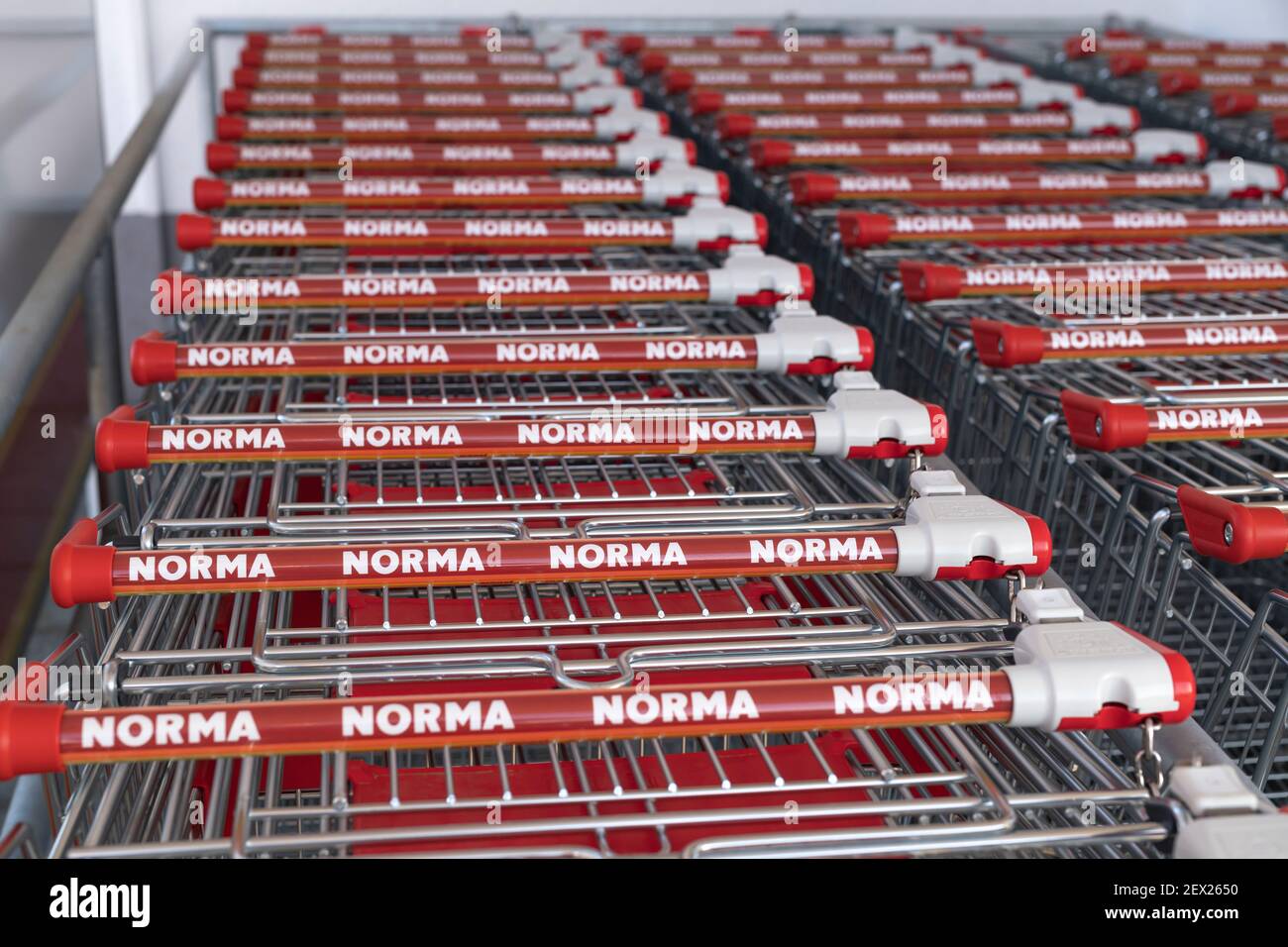 Germany , Calau , 03.03.2021 , Shopping carts pushed together at a Norma store Stock Photo