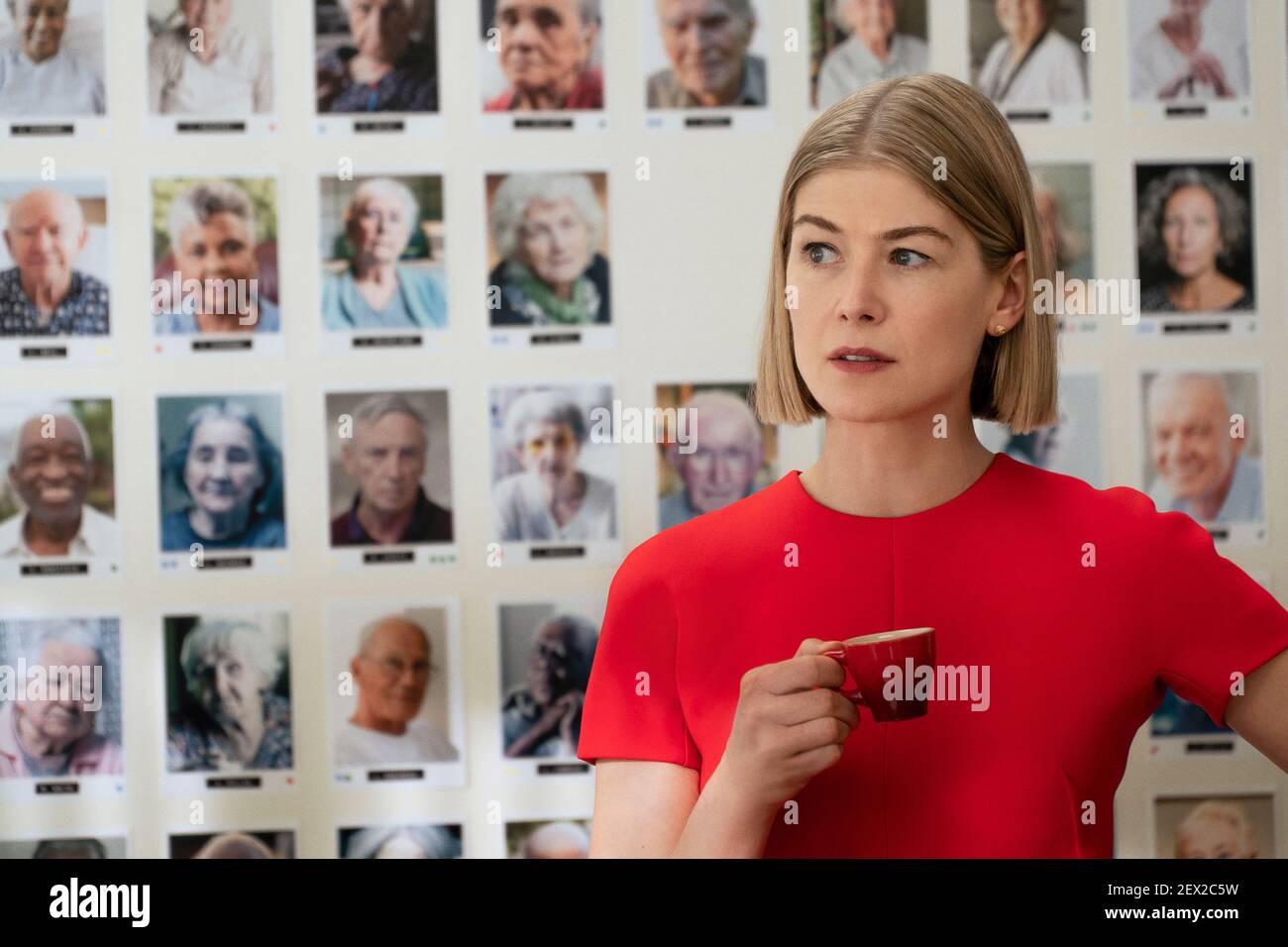 I Care a Lot (2020) directed by J Blakeson and starring Rosamund Pike as Marla Grayson, a crooked legal guardian who drains the savings of her elderly wards but meets her match when a woman she tries to swindle turns out to be more than she first appears. Stock Photo