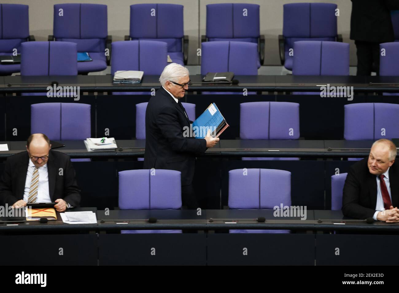 Session of the German Bundestag - at the beginning of the plenary session the Members of the Bundestag thinks on the victims of the Germanwings airplane crash on the 24 March 2015 in Berlin Germany on March 26, 2015. / Picture: Frank-Walter Steinmeier (SPD), German Foreign Minister. *** Please Use Credit from Credit Field *** Stock Photo