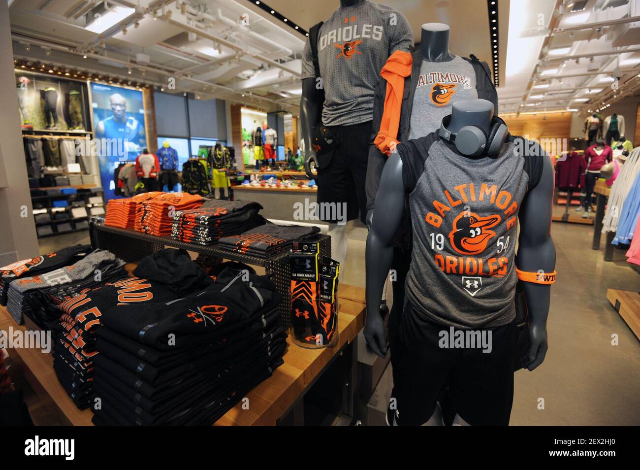 Under Armour Baltimore Orioles gear is displayed near the front of the Under  Armour Brand House in Baltimore's Harbor East neighborhood. (Photo by Kim  Hairston/Baltimore Sun/TNS) *** Please Use Credit from Credit