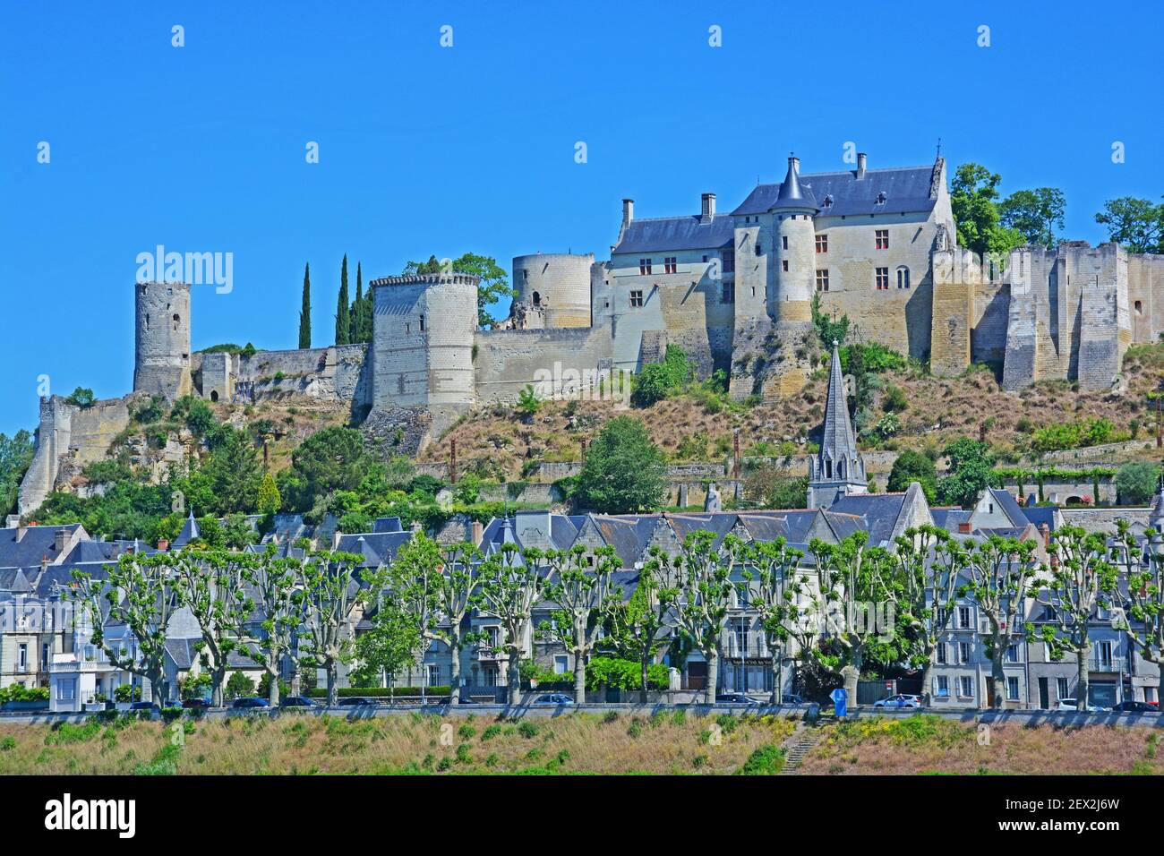 Chinon city and its fortress on the banks of the  Vienne river in Indre-et-Loire, France Stock Photo