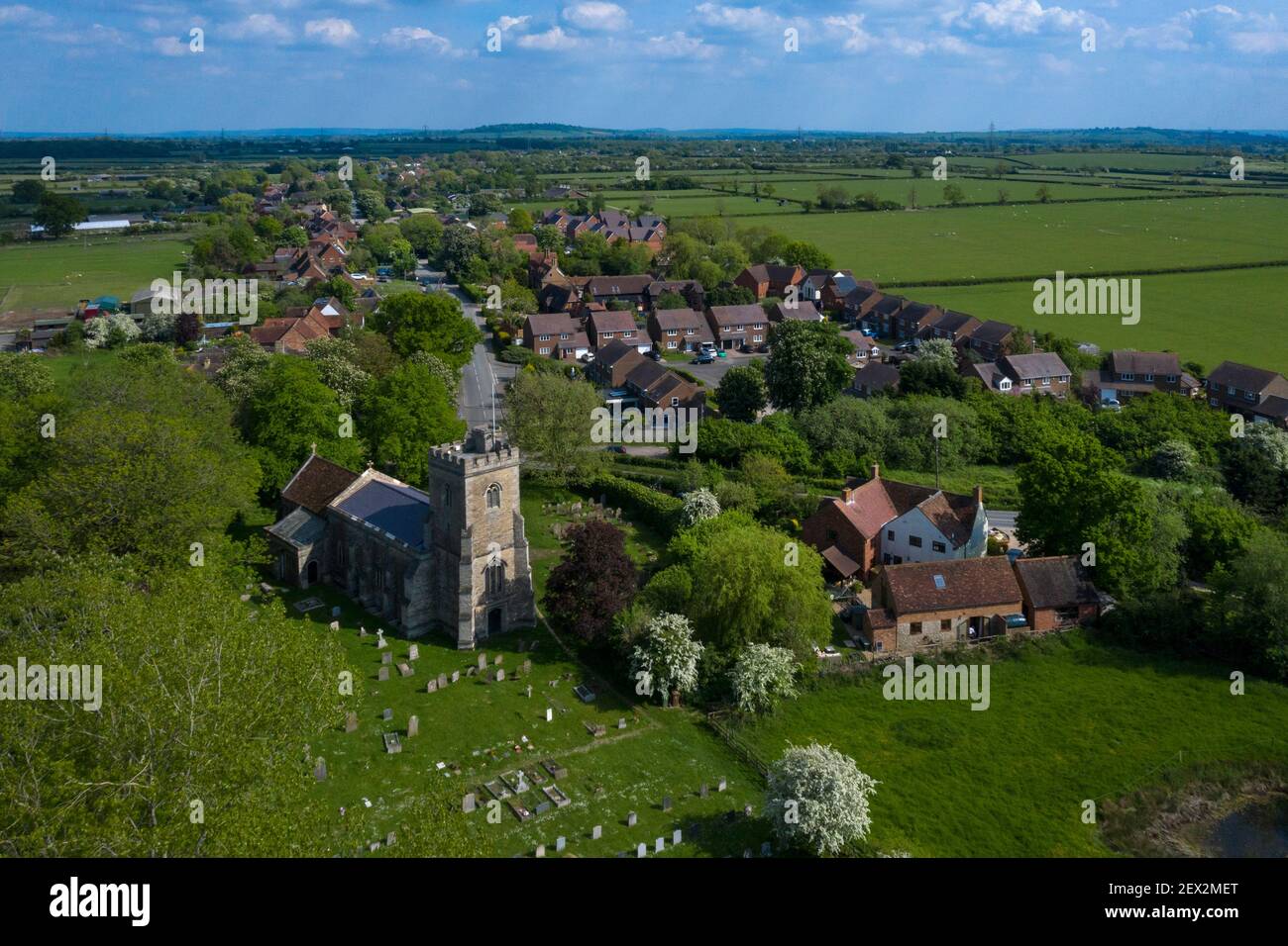 Drone shot of Grendon Underwood village and St Leonard Church , Buckinghamshire,England Stock Photo