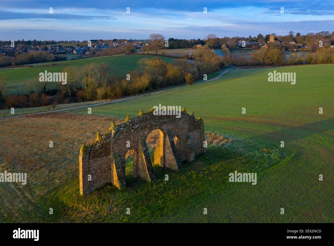 Rousham Folly and Steeple aston Village from the air, Oxfordshire Stock Photo