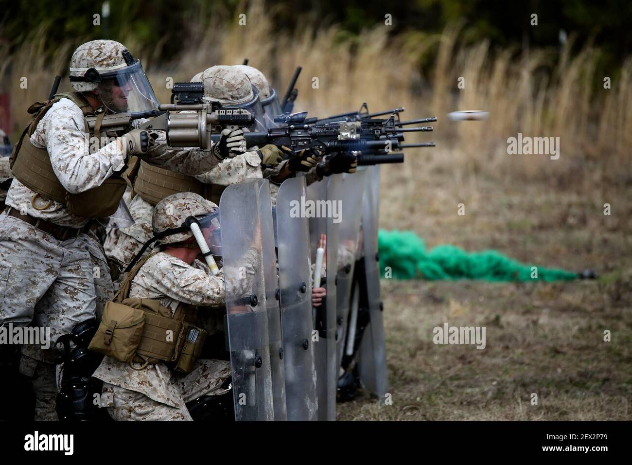 Marines with 2nd Battalion, 6th Marines fire their M203 and M32 grenade launchers with non-lethal rounds down range during a riot control exercise aboard Camp Lejeune , North Carolina, March 24, 2015. (Photo by Cpl. Kaitlyn Klein/U.S. Marine Corps) *** Please Use Credit from Credit Field *** Stock Photo