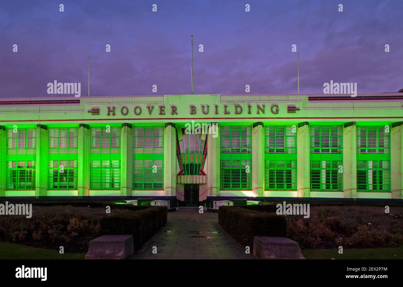 Hoover Art Deco Building at night built in 1933 in Perivale,Ealing,London England Stock Photo