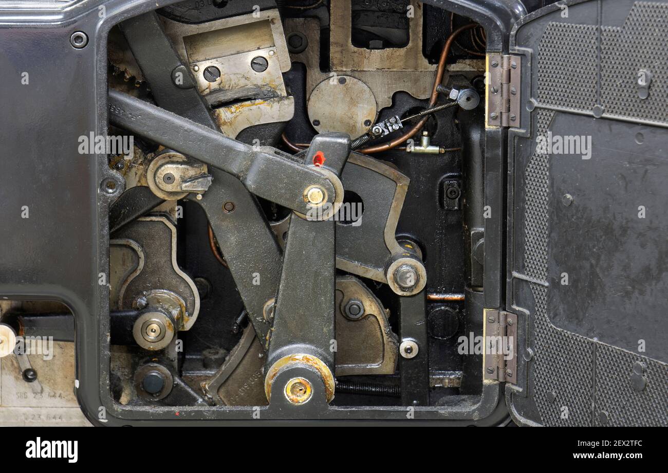 Heidelberg Cylinder printing and die cutting machine. different angle and close up to the parts. Stock Photo