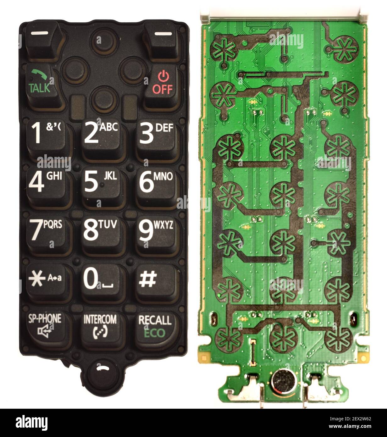 Mobile phone keypad removed to show the contacts on a circuitboard underneath Stock Photo