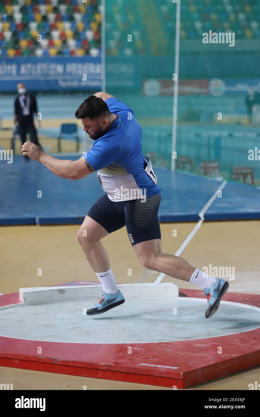 ISTANBUL, TURKEY - FEBRUARY 20, 2021: Undefined athlete shot put during ...