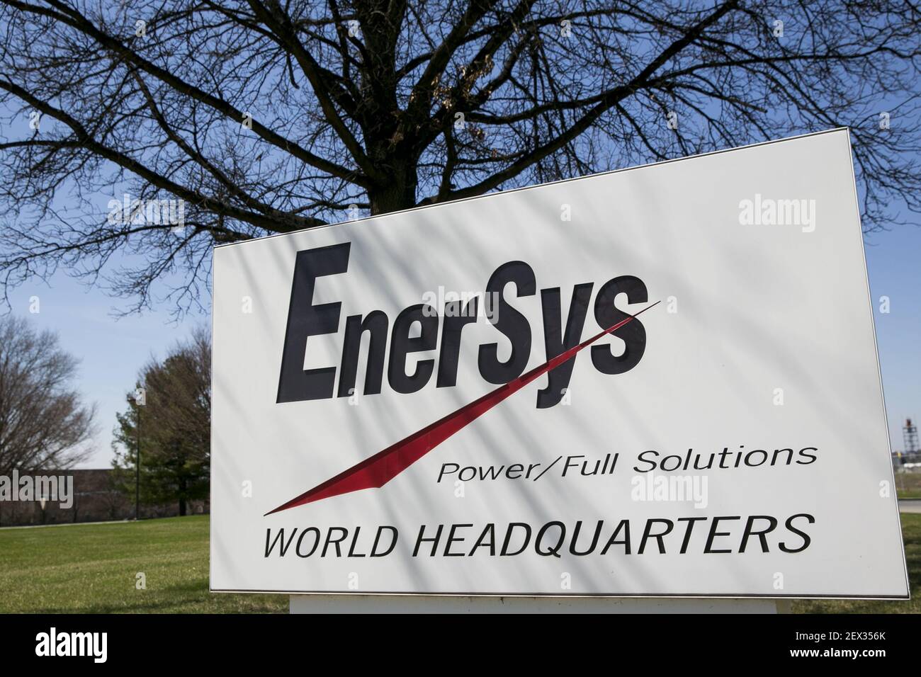 A logo sign outside the headquarters of Enersys in Reading ...