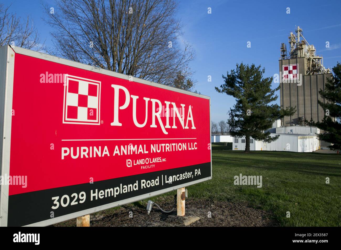 A logo sign outside of a facility occupied by Purina Animal Nutrition LLC,  a subsidiary of Land O'Lakes, Inc., in Lancaster, Pennsylvania on April 12,  2015. Photo credit: Kristoffer Tripplaar/ Sipa USA ***
