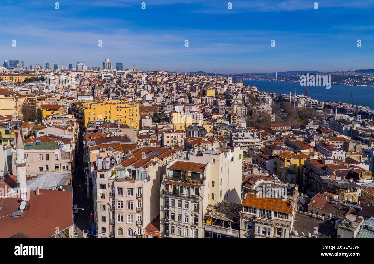 Istanbul, Turkey - February 2, 2021 - beautiful panoramic aerial view of the skylines of the Asian and European sides of Istanbul with the Bosphorus S Stock Photo