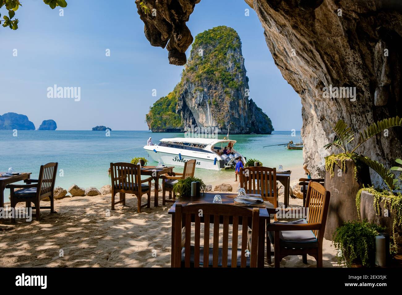 restaurant dinner tables or lunch on the beach Railay beach with a ...