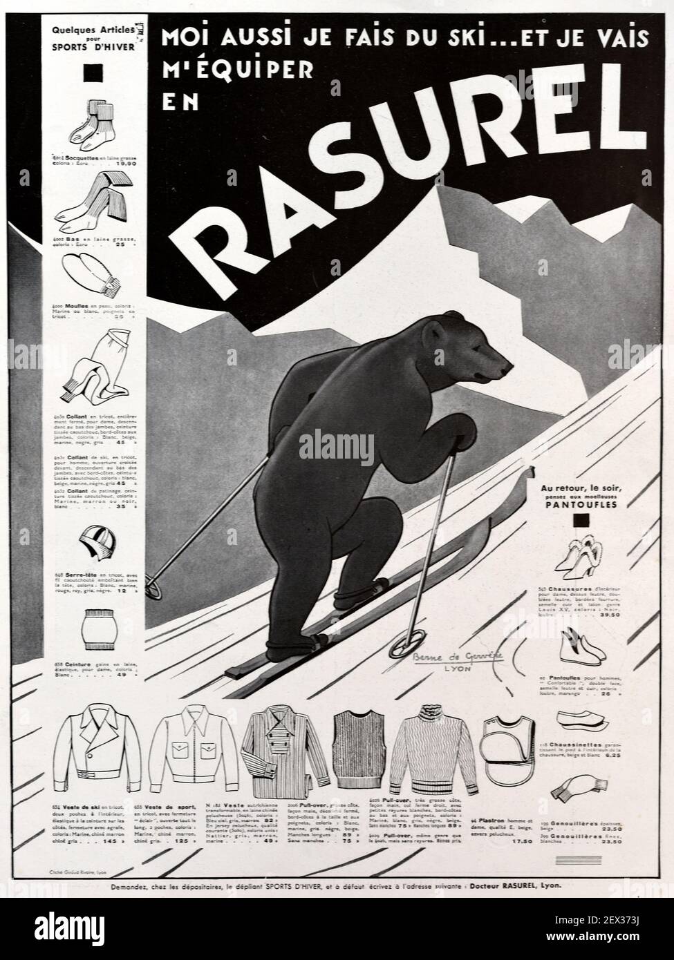 Vintage Advert, Advertisement or Publicity for Rasurel Outdoor Clothing  1935 Fantasy Illustration Showing a Brown Bear Skiing on the Snow-Covered  Slopes of the French Alps France Stock Photo - Alamy