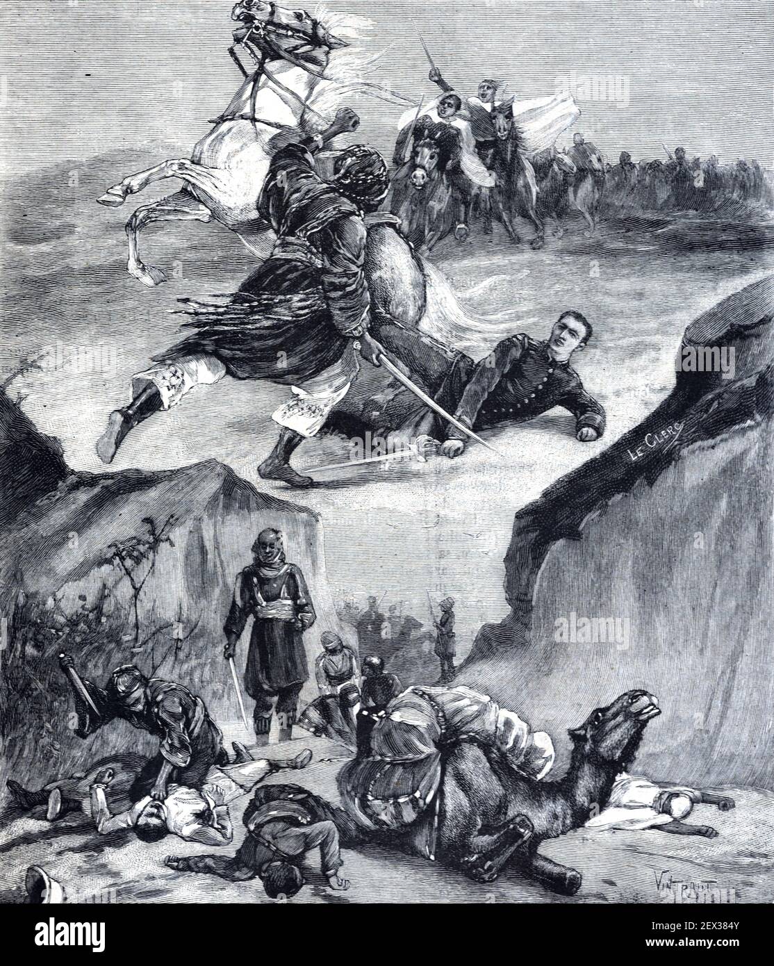 Victimes of the Desert Murder of French Lietenant Bérar & the Marqis de Morès by Tuareg Rebels in the Sahara Desert North Africa. Marquis de Morès (1858-96), was a Controversial French Politician & Anti-Semite, who was Killed at El Ouatia Tunisia in 1896. Vintage Illustration or Old Engraving (1896) Stock Photo