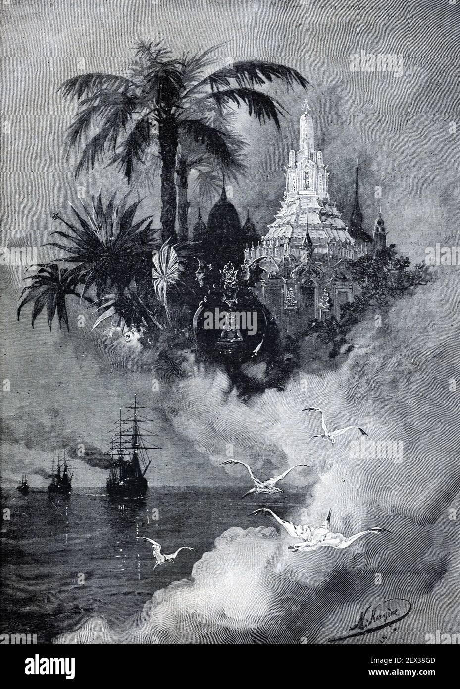 Grand Tour or Travels of Russian Emperor and Tsar Nicolas II to Asia and the Far East including Siam or Thailand 1896 Vintage Illustration or Old Engraving Stock Photo