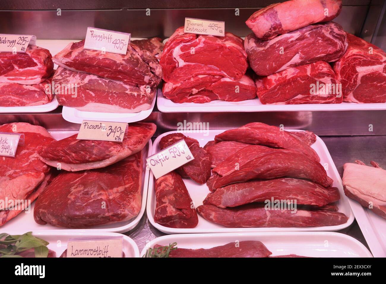Meat store in Gothenburg Market Hall (Saluhallen), Sweden. Various