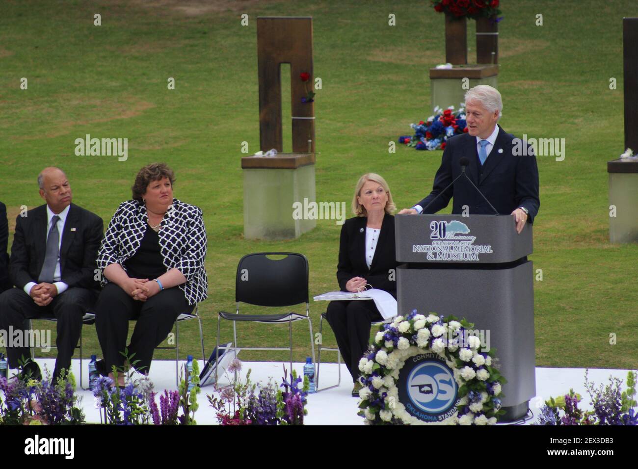 Former president Bill Clinton delivers remarks during a ceremony ...