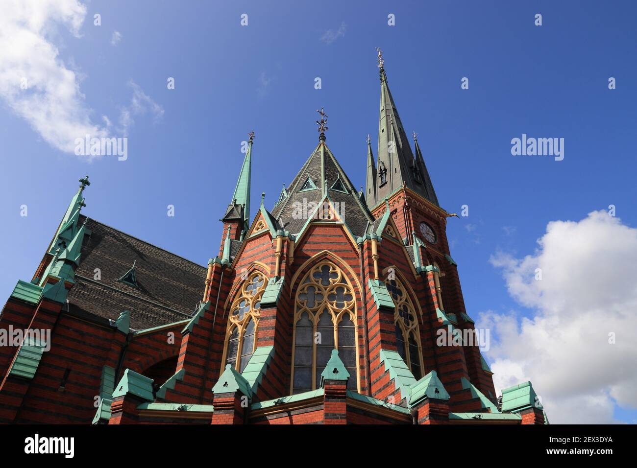 Gothenburg city in Sweden. Olivedal district landmark - Oscar Fredriks Kyrka (Oscar Fredrik Church). Neo Gothic architecture style. Stock Photo
