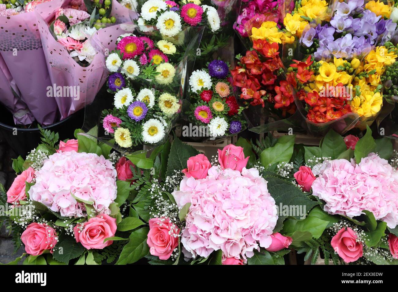 Florist shop ready bouquets in Stockholm, Sweden. Flower shop choice with hydrangea, rose and freesia flowers. Stock Photo