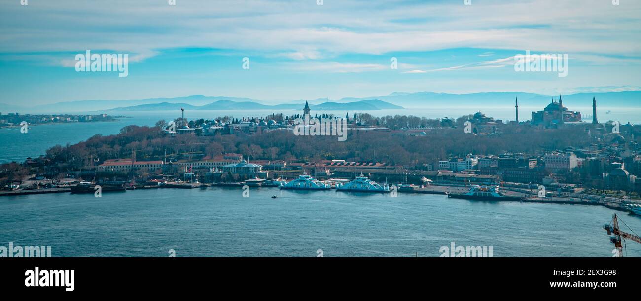 Istanbul, Turkey - January 31, 2021 - panorama aerial panoramic view of Sultanahmet with the Topkapi Palace, and the Hagia Sophia Grand Mosque Stock Photo