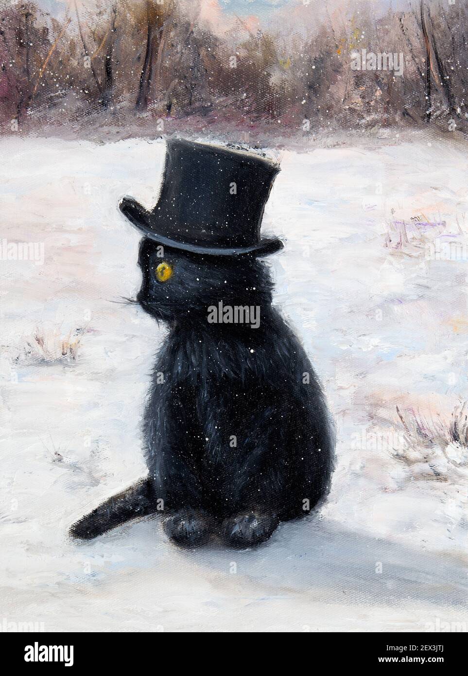 Original oil painting of black cat with 