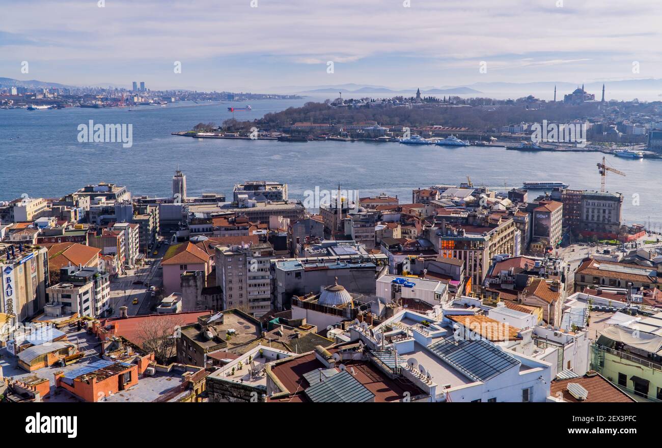 Istanbul, Turkey - January 31, 2021 - panorama aerial panoramic view of Sultanahmet with the Topkapi Palace, and the Hagia Sophia Grand Mosque Stock Photo