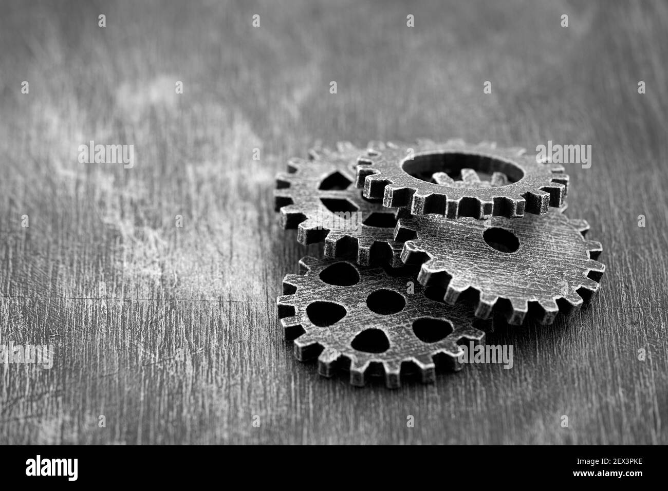 Group of old gears and cogs macro shot, industrial background Stock