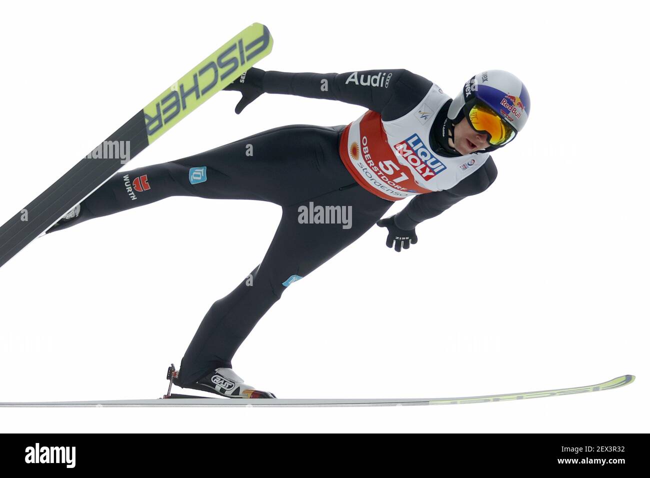 Oberstdorf, Germany. 04th Mar, 2021. Nordic skiing: World Championships, combined, individual, large hill/10 km, men, jump. Vinzenz Geiger from Germany in action during the trial round. Credit: Daniel Karmann/dpa/Alamy Live News Stock Photo
