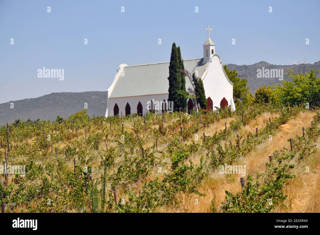 Picturesque wedding chapel in the vineyards of Montpellier Wine Estate near Tulbagh in the Western Cape, South Africa Stock Photo