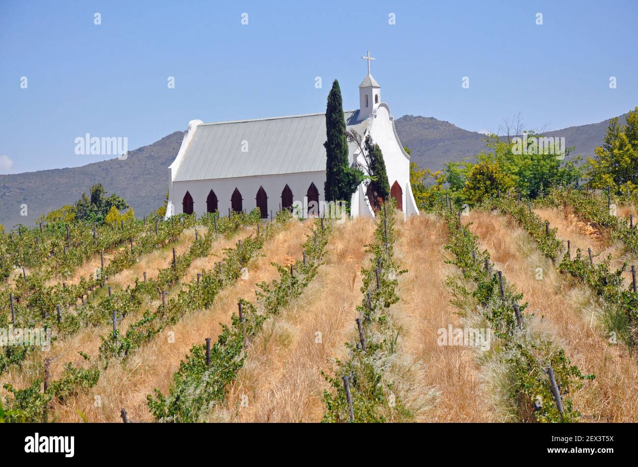 Picturesque wedding chapel in the vineyards of Montpellier Wine Estate near Tulbagh in the Western Cape, South Africa Stock Photo