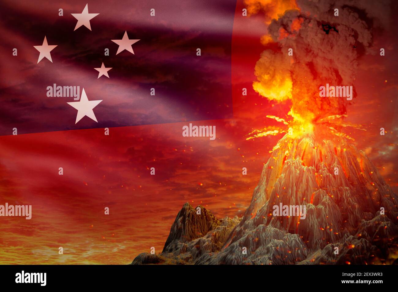 conical volcano blast eruption at night with explosion on Samoa flag background, suffer from disaster and volcanic ash concept - 3D illustration of na Stock Photo
