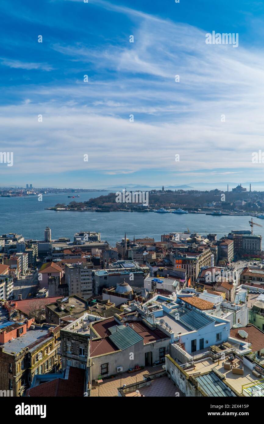 Istanbul, Turkey - January 31, 2021 - panorama aerial panoramic view of Sultanahmet with the Topkapi Palace, and the Hagia Sophia Grand Mosque Stock Photo