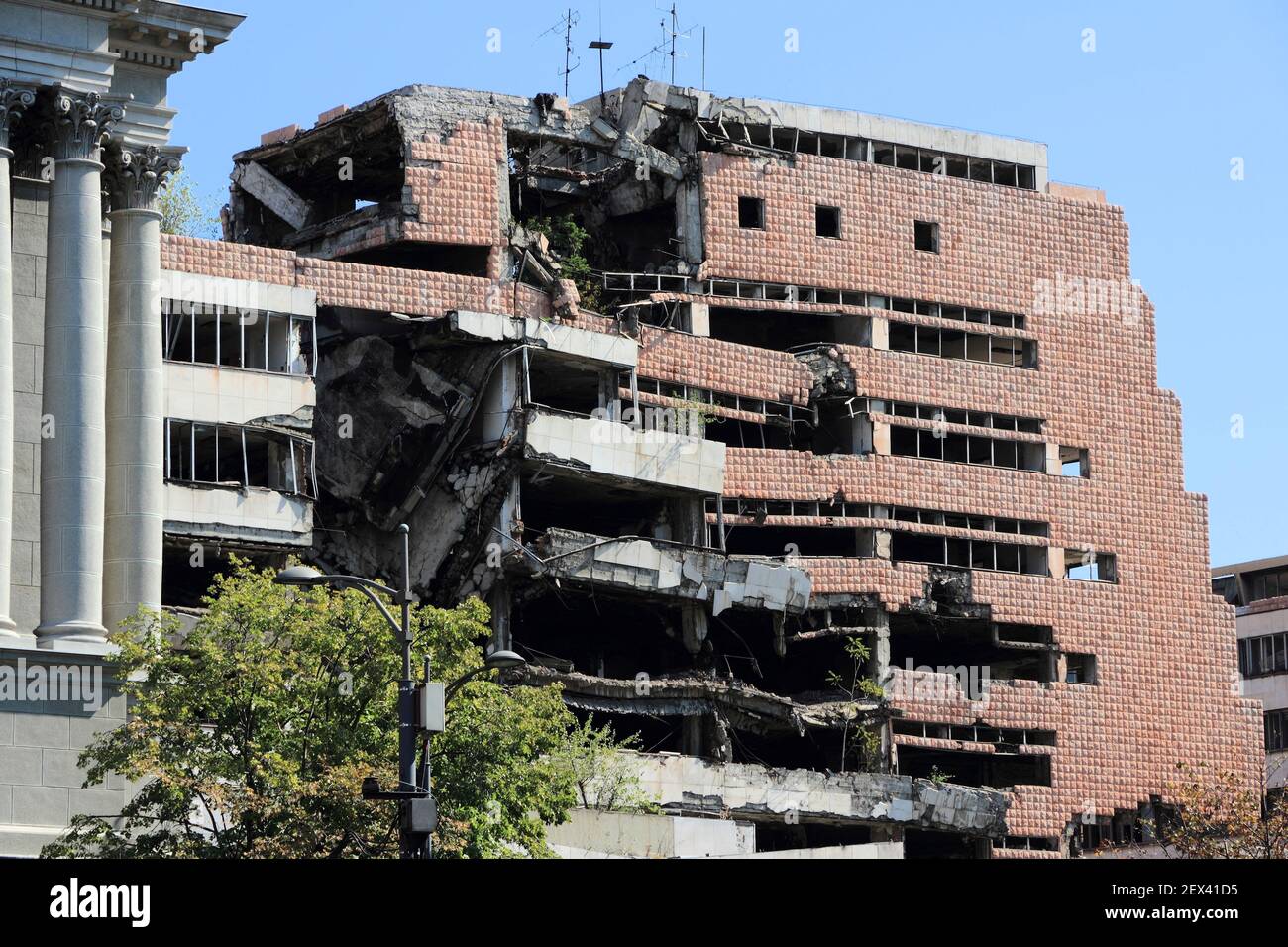 BELGRADE, SERBIA - AUGUST 15, 2012: War destruction in Belgrade, Serbia. The Yugoslav Ministry of Defence building was bombed and damaged in 1999 by N Stock Photo