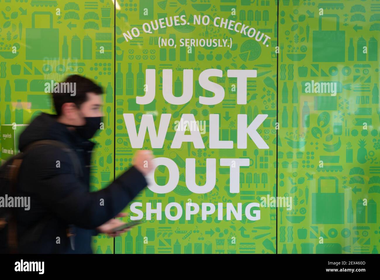 London, UK. 4th March, 2021. Shoppers at the new Amazon Fresh store