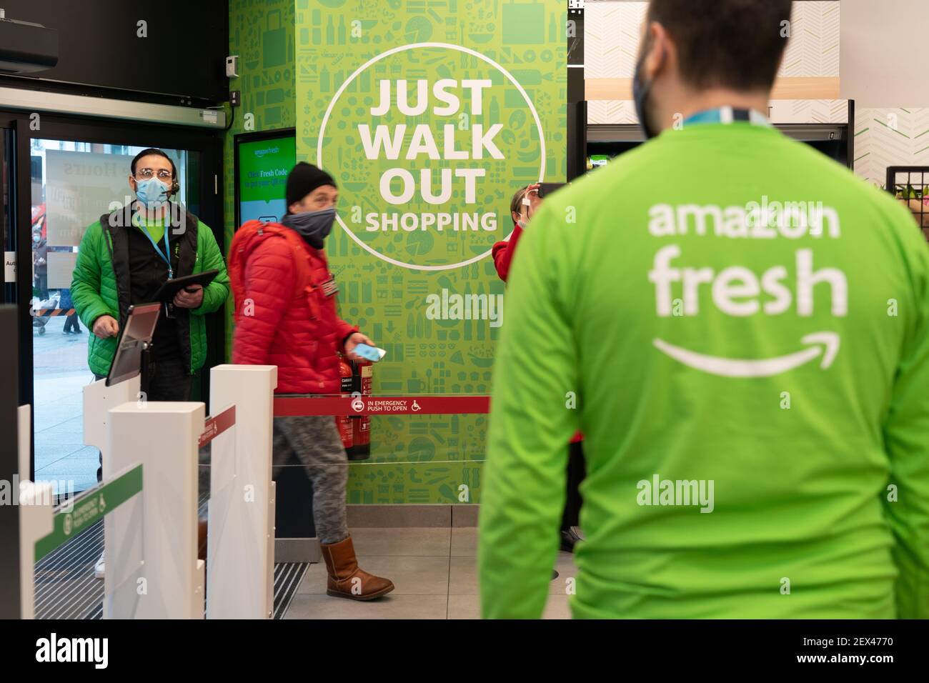 London, UK. 4th March, 2021. Shoppers at the new Amazon Fresh store