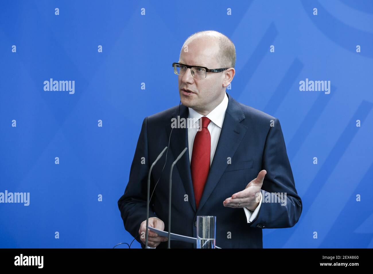 Czech prime minister Sobotka and the German Chancellor Angela Merkel during a joint press conference at the German Chancellery in Berlin, Germany on Mai 04, 2015. / Picture: Bohuslav Sobotka, Prime Minister of the Czech Republic, speaks aside Merkel during joint press conference in Berlin. (Photo by Rey Paganelli) *** Please Use Credit from Credit Field *** Stock Photo
