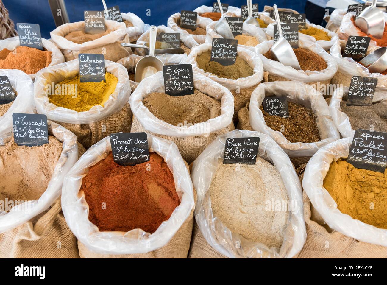 Spice bags at a summer market, Provence, France Stock Photo
