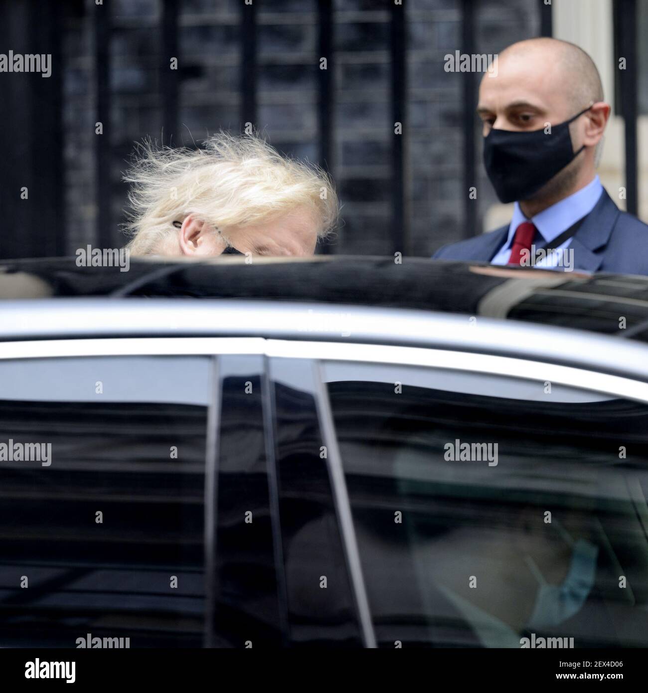 British Prime Minister Boris Johnson's hair leaving 10 Downing Street for Prime Minister's Questions on Budget Day, 3rd March 2021 Stock Photo