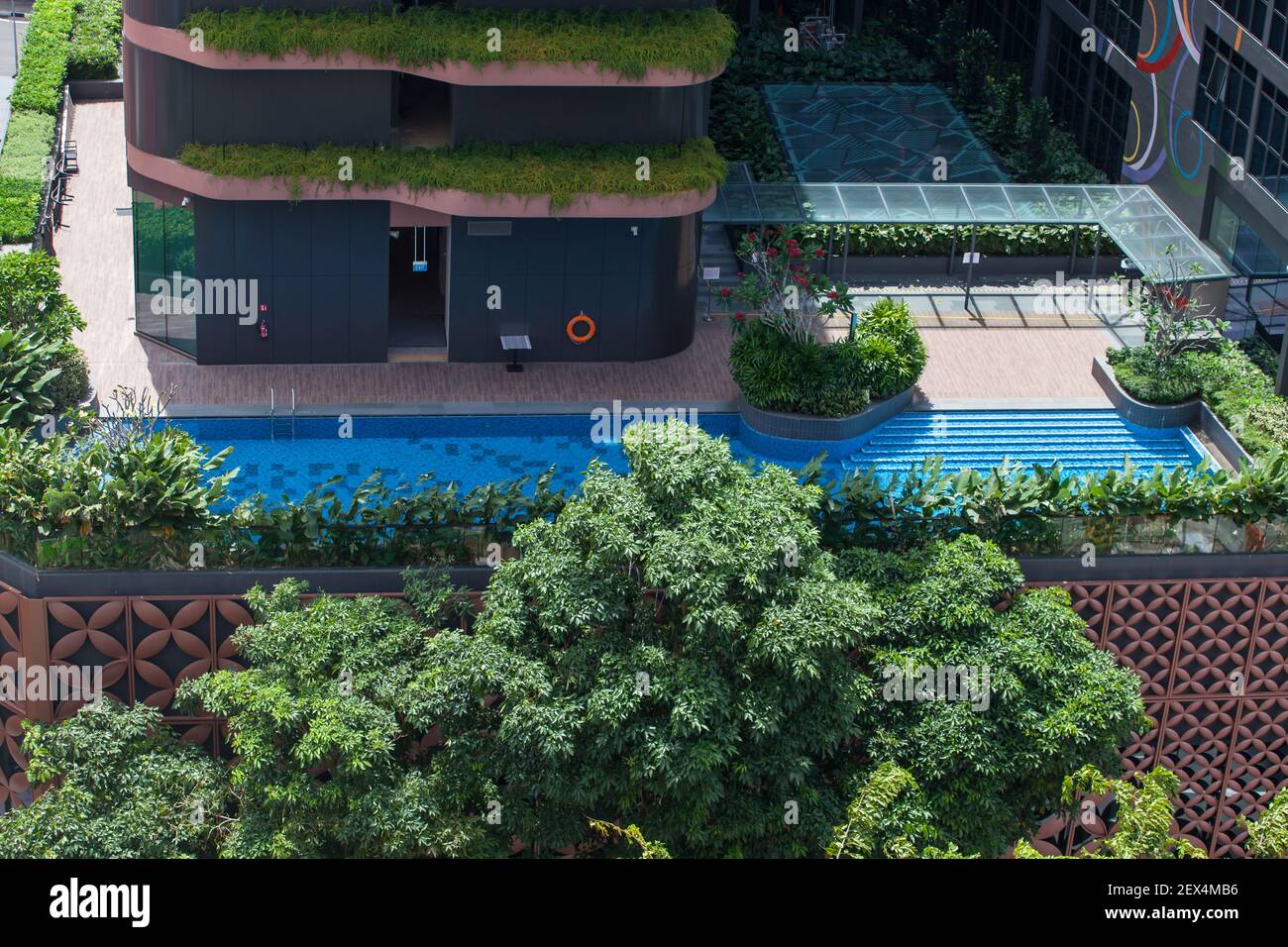An empty, long swimming pool with no visitors during the pandemic period, a lack of demand in tourism sector. 2021. Singapore. Stock Photo