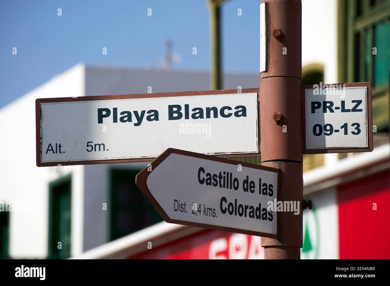 signs for playa blanca and castillo de las coloradas playa blanca Lanzarote Canary Islands Spain Stock Photo