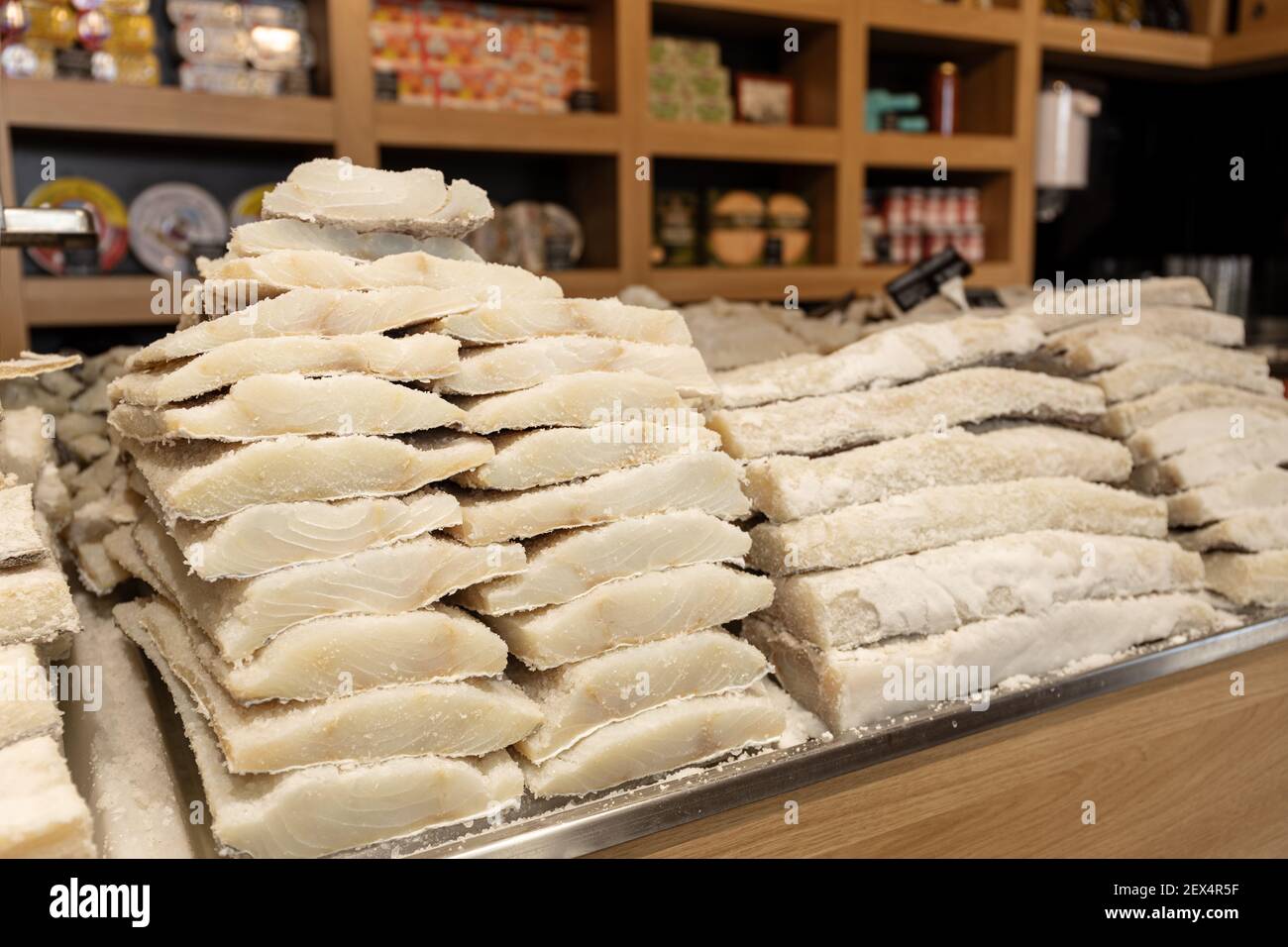 Dried salted cod at fish shop. Typical spanish and portuguese food