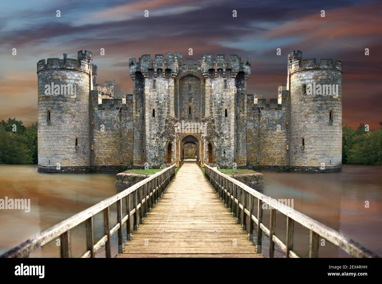 Bodiam castle with a trippy sunset Stock Photo